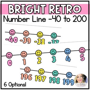 May include: A colourful number line with smiley faces, ranging from -40 to 200. The number line is divided into sections, with each section representing a different number. The numbers are written in black and the smiley faces are in different colours. The text "BRIGHT RETRO Number Line -40 to 200" is at the top of the image. The text "6 Options!" is at the bottom of the image.