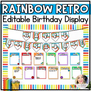 Rainbow Birthday Display | Retro Rainbow Birthday Bulletin Board | Retro Classroom Decor | Birthday Banner and editable Birthday Certificate
