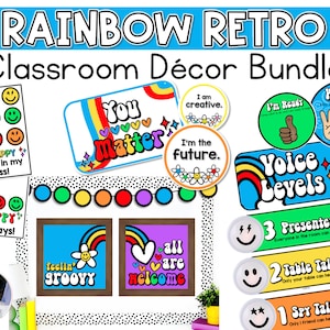 Retro Rainbow Classroom Decor Bundle | Smiley Face Classroom Decor | Elementary Classroom Rainbow Decor