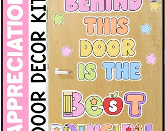 May include: A door decor kit with the words "BEHIND THIS DOOR IS THE BEST PRINCIPAL" in colorful bubble letters. The kit includes star and pencil accents, perfect for school appreciation. The words "APPRECIATION DOOR DECOR KIT" are on the left side.