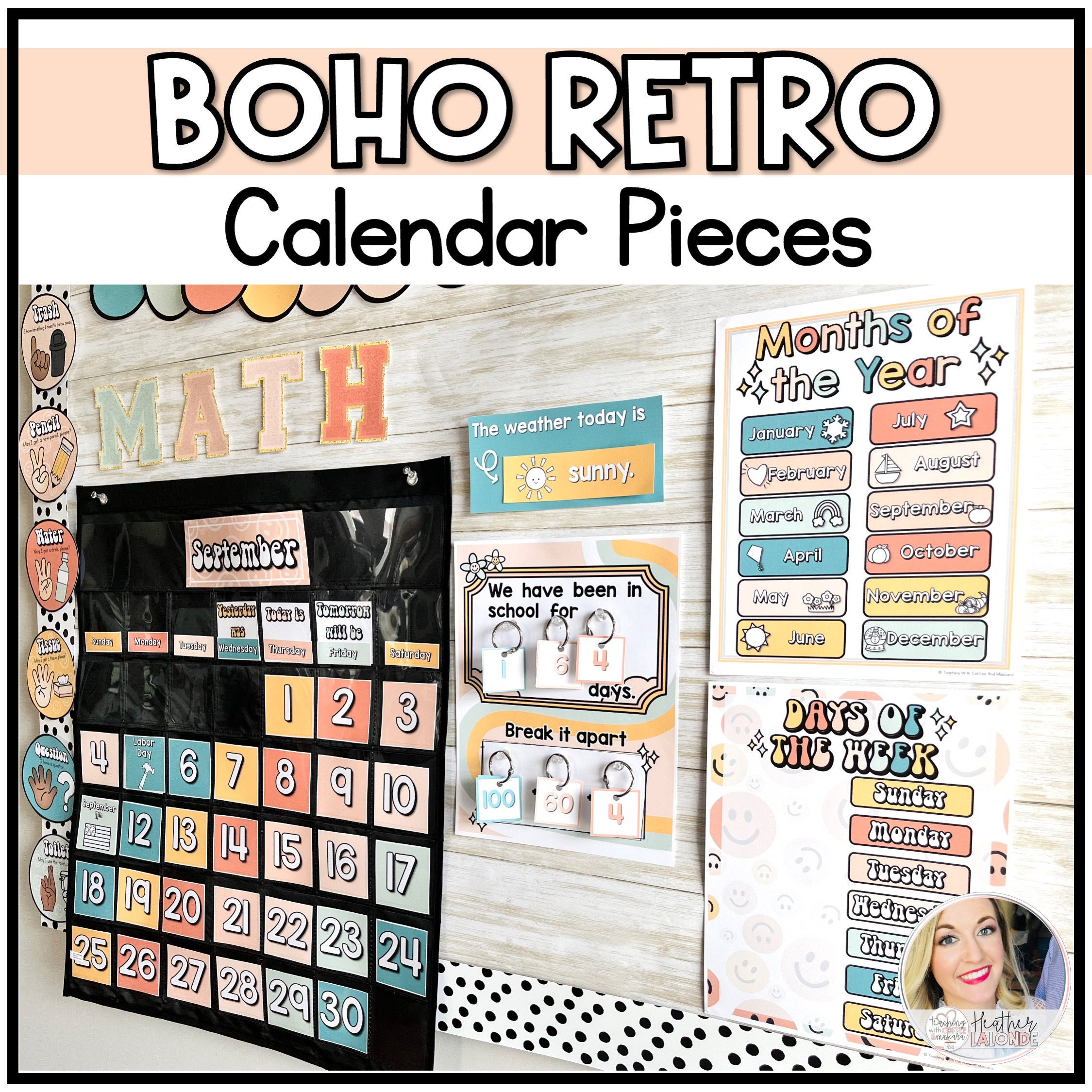 Boho Classroom Calendar Bulletin Board Set Pocket Chart Etsy