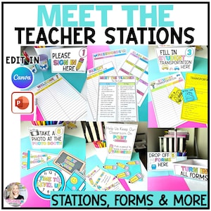 Pode incluir: Uma colagem colorida de materiais de organização da sala de aula. A imagem apresenta vários sinais e formulários com texto como "Conheça o professor", "Inscreva-se aqui" e "Transporte". O design inclui lápis, ônibus escolares e um tema de cabine de fotos.