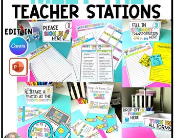 May include: A vibrant collection of classroom resources, including signs and forms. The image displays text such as "Meet the Teacher," "Sign In Here," and "Transportation." The design incorporates pencils, school buses, and a photo booth theme.