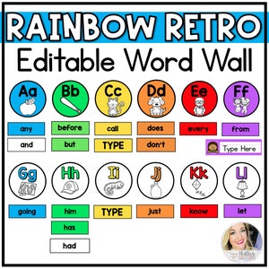 Pared de palabras del arco iris / Pared de palabras portátil del arco iris primario / Tarjetas del alfabeto con imágenes / Decoración retro del aula / Letras de la pared de palabras