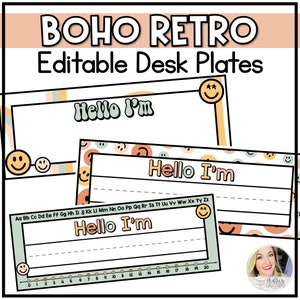 Desk Name Tags Boho Retro | Editable Name Plates | Boho Classroom Decor