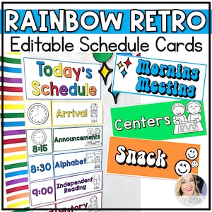 Tarjetas de programación visual diaria de Rainbow Classroom editables / Arco iris primario / Decoración de aula retro Groovy