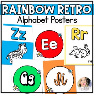 Alphabet Poster | Regenbogen-Schreibschrift | Alphabet Karten mit Bildern | Retro Klassenzimmer Dekor