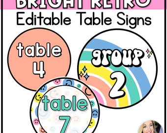 Table Numbers and Group Numbers Retro Bright Rainbow | Groovy Retro Classroom Decor | Editable Table Signs