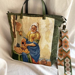 Sac à bandoulière en tapisserie fait main avec poignées en cuir - cabas vintage en velours vert - sac à langer
