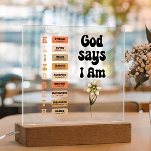 God Says I Am Personalized Acrylic Plaque Christian Prayer Affirmation Gift LED Light Bible Verse Home Decor for Her Birthday Anniversary
