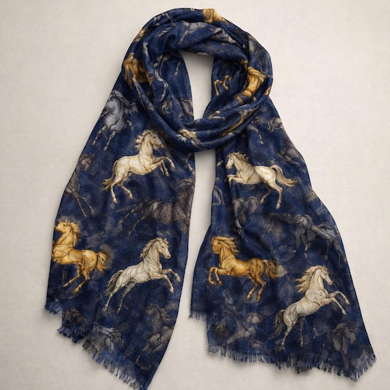 Navy Horse Scarf Equestrian Print Pashmina Wrap Blue Lightweight Shawl Fashion Accessory Daughter Gift Enthusiast Elegant Style Neck Large