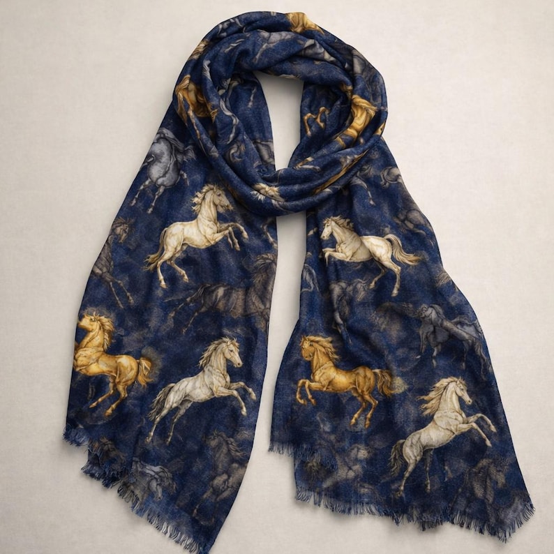 Navy Horse Scarf Equestrian Print Pashmina Blue Lightweight Shawl Fashion Accessory Galloping Horse Design Soft Polyester Material Semi Sheer Fabric Large Rectangular Shape Perfect Daily Wear Horse Lover Gift Elegant Style Collection Super