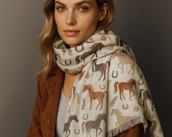 Horse Pashmina Scarf Cream Equestrian Shawl Wrap Lightweight Fashion Accessory Gift Enthusiast Western Style Tan Horseshoe Pattern Design