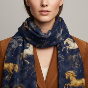 Navy Blue Background Galloping Horse Print White Gold Gray Accents Lightweight Pashmina Wrap Fashion Accessory Collection Soft Polyester Material Large Rectangular Shape Perfect Gift Idea Horse Lover Present Elegant Style Piece Daily Wear