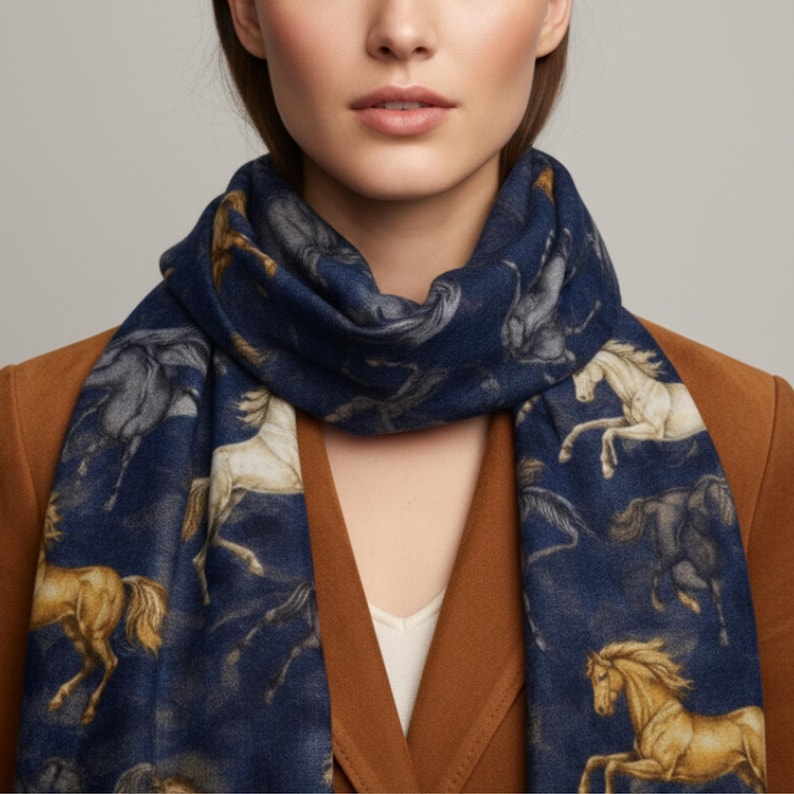 Navy Blue Background Galloping Horse Print White Gold Gray Accents Lightweight Pashmina Wrap Fashion Accessory Collection Soft Polyester Material Large Rectangular Shape Perfect Gift Idea Horse Lover Present Elegant Style Piece Daily Wear