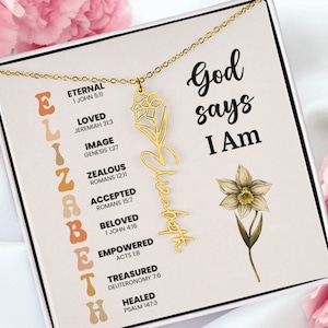 Deus diz que eu sou colar personalizado com nome de flor de nascimento, presente, joias, aniversário, cartão de mensagem, bíblia, colar floral cristão para ela
