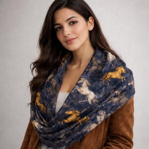 Fashion Accessory Collection Navy Horse Print Scarf Elegant Style Pashmina Blue Lightweight Shawl Soft Material Construction Large Rectangular Shape Perfect Horse Lover Gift Galloping Equestrian Pattern Semi Sheer Design Daily Wear Piece