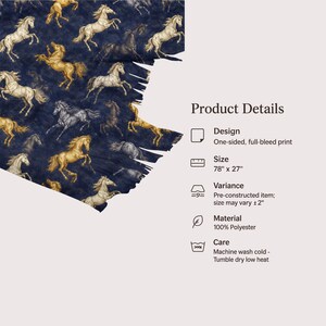 May include: A navy blue scarf with a repeating pattern of rearing horses in gold, white, and gray. The scarf is 78 inches long and 27 inches wide. Made of 100% polyester.
