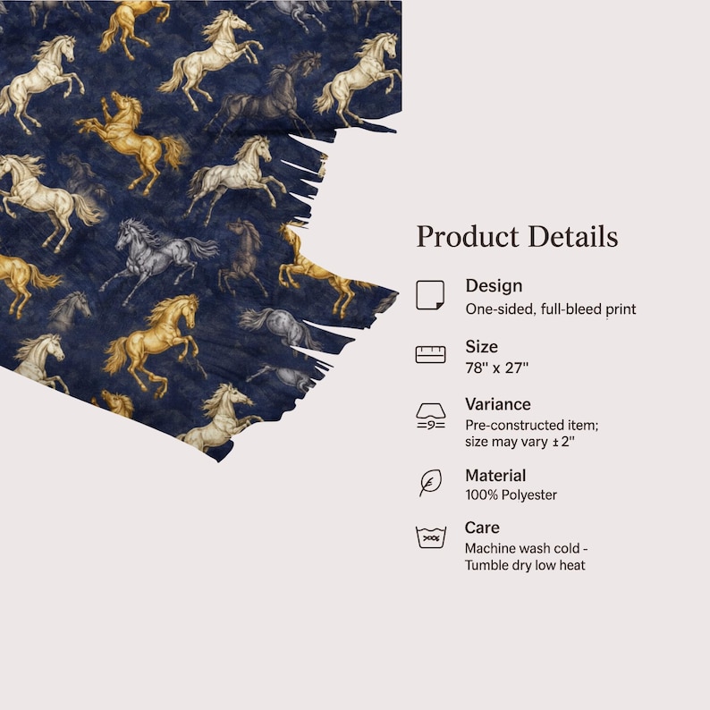 May include: A navy blue scarf with a repeating pattern of rearing horses in gold, white, and gray. The scarf is 78 inches long and 27 inches wide. Made of 100% polyester.