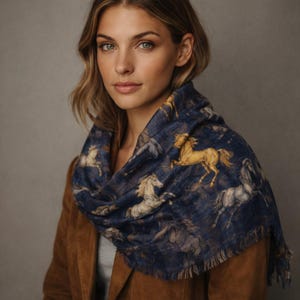 May include: A navy blue scarf featuring a repeating pattern of running horses in shades of tan and white. The scarf has a fringed edge and is worn over a brown jacket.
