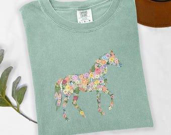 Floral Horse Lovers Tshirt Cotton Comfort Relaxed Fit Equestrian Top Design Botanical Tee Heavyweight Fabric Casual Wear Summer Clothing