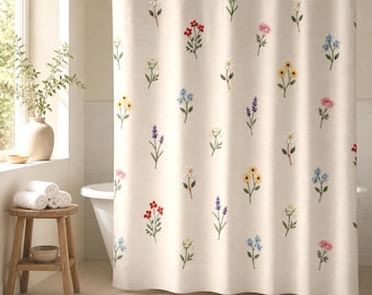 Wildflower Shower Curtain Botanical Bathroom Spring Nature Cottagecore Farmhouse Rustic Home Floral Polyester Fabric Liner Beige Cream Hand