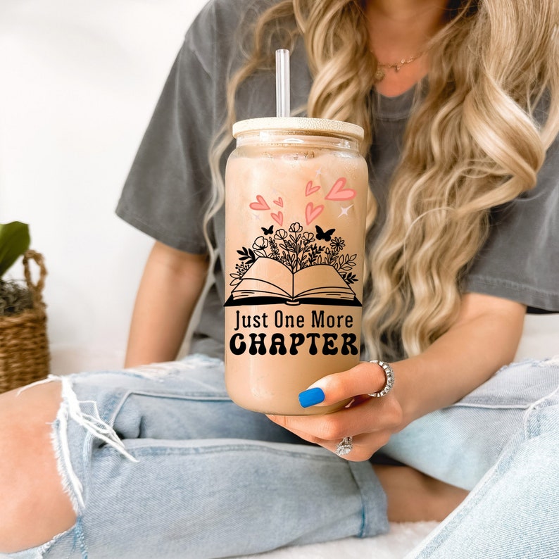 Just One More Chapter Glass Can 16oz With Lid and Straw, Book Lover Gift, Butterfly Iced Coffee ...