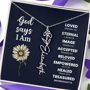 Deus diz que eu sou colar de flores personalizado com o mês de nascimento, versículo bíblico, presente religioso para a família, joias florais para casais, meninas adolescentes, presentes bíblicos