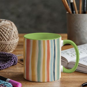May include: A ceramic mug with a green interior and handle, featuring vertical stripes in various colors including yellow, orange, blue, and green. The mug is set on a wooden surface, with craft supplies in the background.