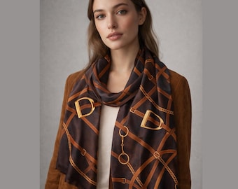 Equestrian Pashmina Scarf Horse Pattern Lightweight Wrap Fashion Accessory Neck Covering Semi Sheer Elegant Design Equine Motif Chain Print