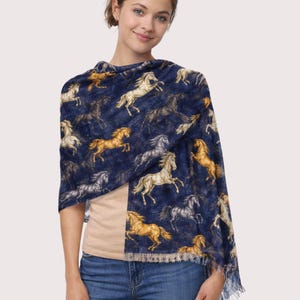 Equestrian Print Pashmina Navy Blue Scarf Horse Design Pattern Lightweight Shawl Perfect Gift Horse Enthusiast Fashion Accessory Collection Soft Polyester Material Large Rectangular Wrap Elegant Style Piece Daily Wear Option Galloping