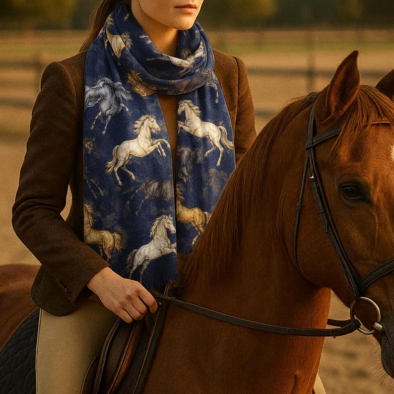 Large Rectangular Scarf Navy Horse Print Design Seventy Three Inches Long Twenty Seven Inches Wide Blue Pashmina Wrap Lightweight Shawl Fashion Equestrian Theme Perfect Daily Accessory Soft Polyester Material Elegant Style Collection Horse