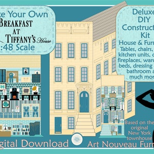 May include: A digital download kit for building a 1:48 scale model of a townhouse with Art Nouveau furniture. The kit includes instructions for building the house and furniture, including tables, chairs, sofas, kitchen units, a cooker, fireplaces, wardrobes, beds, dressing tables, and bathroom fixtures. The image shows a rendering of the completed model, with a silhouette of a woman holding a measuring tape.