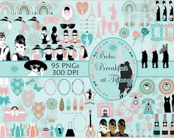 Breakfast at Tiffany's Clipart, Audrey Hepburn Clipart, Holly Golightly, Boho Chic PNGs, Transparent Background, Digital Download