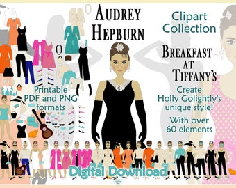 Breakfast at Tiffany's Clipart, Audrey Hepburn PNGs, Holly Golightly, Transparent Background, Audrey Hepburn Paper Doll, Digital Download