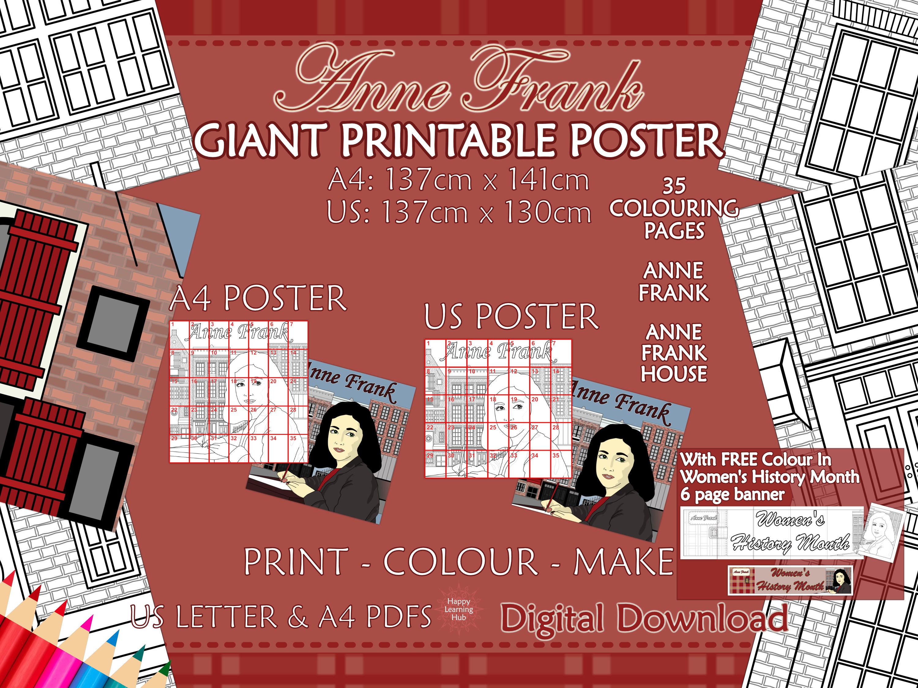 Women's History Month, Large Printable Colouring Poster, Anne Frank ...