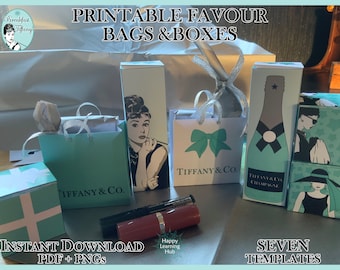 Breakfast at Tiffany's Favor Bags and Boxes, Audrey Hepburn, Printable Party Bags, Printable Party Boxes, PDF, PNGs, Digital Download