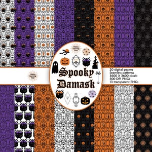 Papel digital de Halloween, damasco espeluznante, papel decorativo, truco o trato, patrón sin costuras, descarga instantánea,