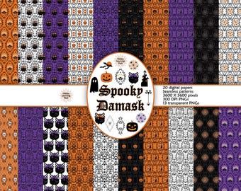 Halloween Digital Paper, Spooky Damask, Decorative Paper, Trick or Treat, Seamless Pattern, Instant Download,
