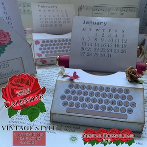 2025 Tischkalender, Druckbarer Kalender, Schreibmaschine, Vintage Stil, DIY Geschenk, Papierhandwerk, Junk Journal, 3D Kalender, Digital Download