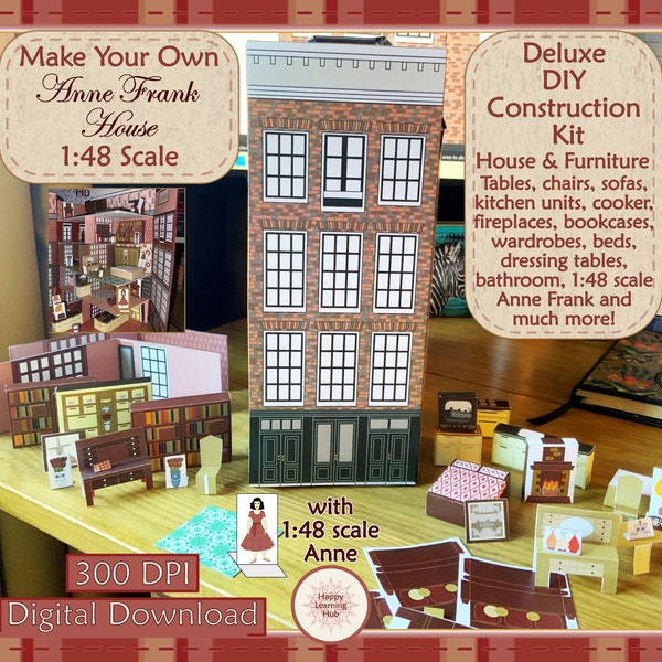 Kit de construction 3D de la maison d'Anne Frank, kit de maison de poupée bricolage à l'échelle 1:48, jouets imprimables, maison et meubles à imprimer, téléchargement numérique