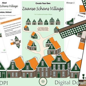 Cree su propio pequeño pueblo de papel holandés, casas de papel, molino de viento holandés, casa del canal holandés, descarga digital, artesanía de atención plena, PDF y PNG