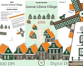 Create Your Own Tiny Dutch Paper Village, Paper Houses, Dutch Windmill, Dutch Canal House, Digital Download, Mindfulness Craft, PDF and PNGs