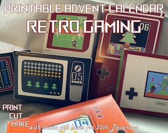 Boîtes de calendrier de l'Avent à imprimer, calendrier de l'Avent fantaisie, bricolage de Noël, calendrier de jeu, Gameboy, rétro, boîtes de l'Avent, PDF imprimable