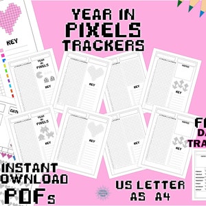 May include: Printable digital download of pixel trackers for a year in pixels. The trackers feature a variety of pixel art designs, including hearts, Pac-Man, ghosts, and a dragon. The trackers are available in US Letter and A4 sizes.