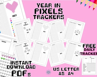 Year in Pixels Trackers, Yearly Tackers, Printable Journal Pages, A4, A5 US Letter Journal, Planners, Habit Tracker, Digital Download,