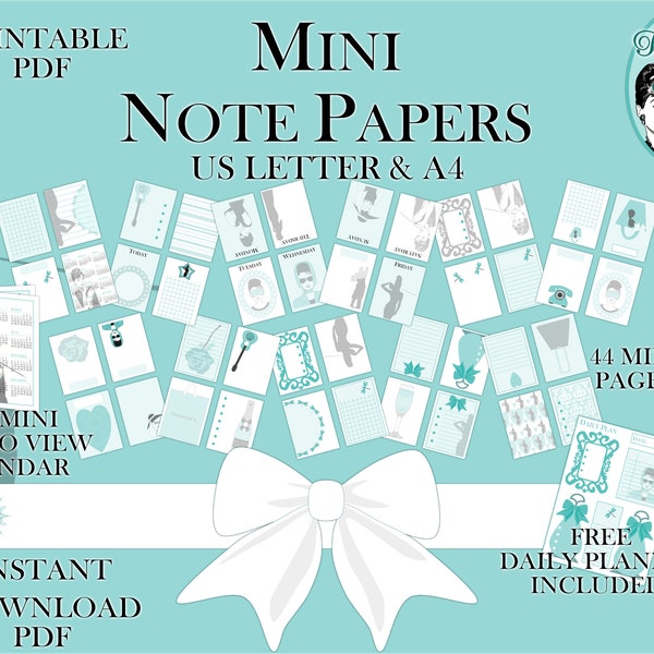 Breakfast at Tiffany's Note Paper, Audrey Hepburn Notes, Printable Stationery Kit, Tiffany Blue, Printable Note Pages, Digital Download,