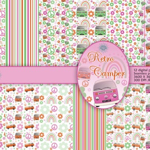 May include: A set of 12 digital paper patterns featuring retro camper vans, peace signs, flowers, and rainbows in pink, green, orange, and white. The patterns are seamless and measure 3600 x 3600 pixels at 300 DPI.