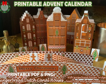 Dutch Canal Houses Printable Advent Calendar, Gingerbread Advent Calendar Village, Christmas Decor, Digital Download
