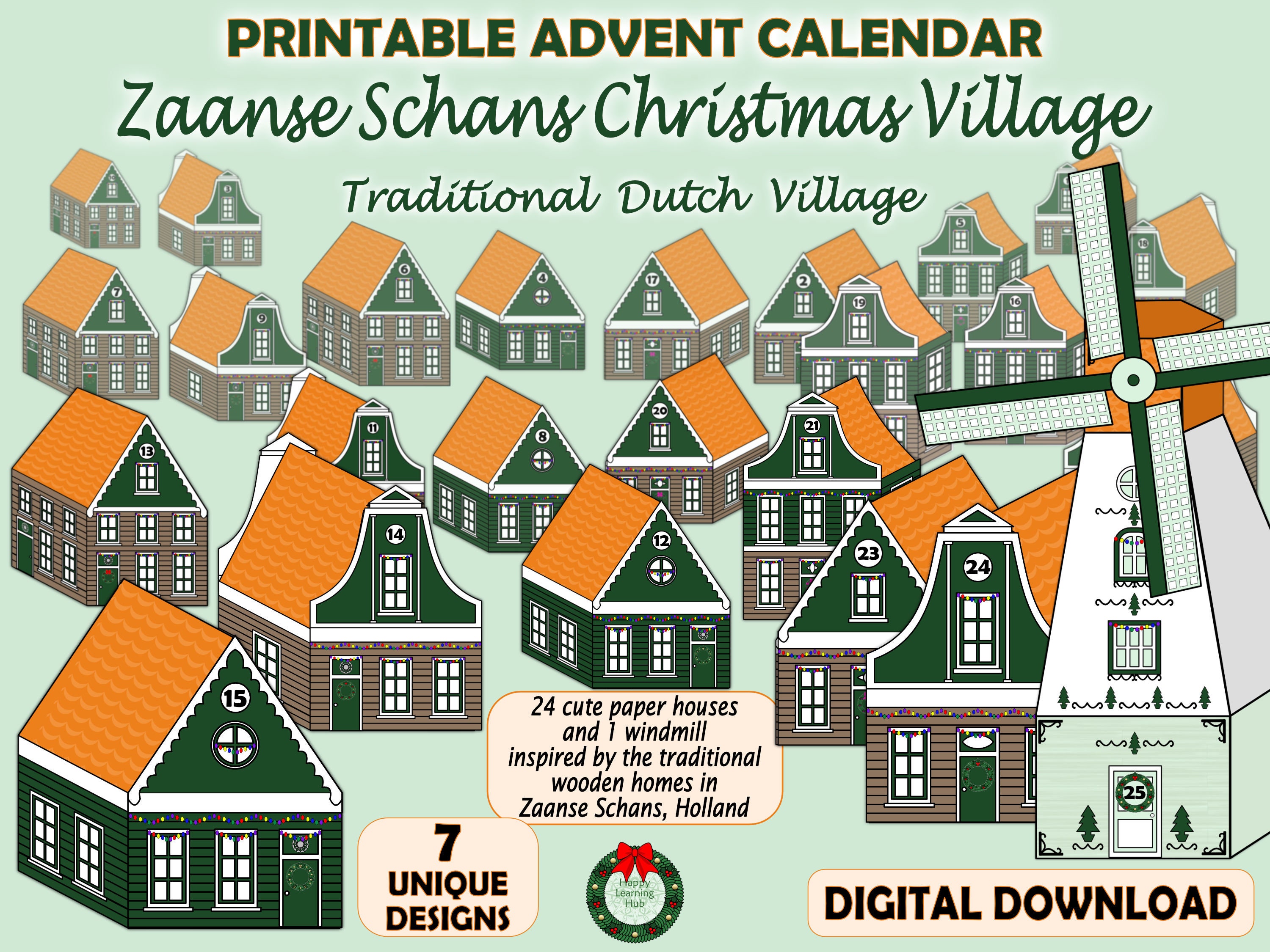 Dutch Paper Houses Advent Calendar, Printable DIY Advent Calendar